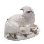 A Meissen porcelain ewe and lamb group: naturalistically modelled,