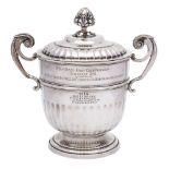 An Edward VII silver presentation twin handled cup and cover, maker Martin Hall & Co, Sheffield,