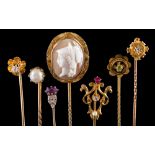 A 19th century gold stick-pin: with circular granulation work panel in the style of Castellani,