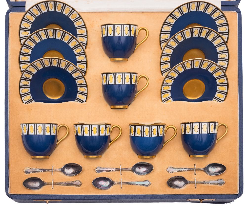 A Royal Worcester boxed porcelain coffee service with silver spoons: comprising six coffee spoons