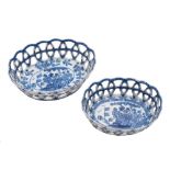 A Bow blue and white oval basket and one similar: of flared lattice work form,