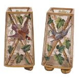 A pair of late 19th century Continental enamelled glass vases: of tapering square-section,