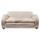 An Art Deco style three piece lounge suite:, upholstered in ivory coloured leather,