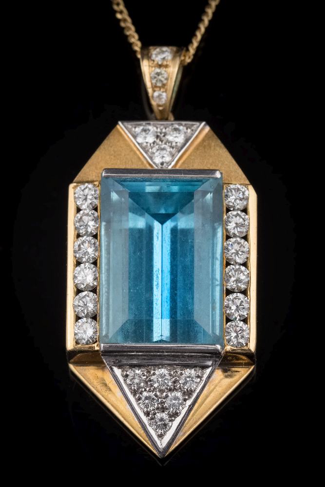 An aquamarine and diamond pendant: with central step-cut aquamarine approximately 17.4mm long x 11.