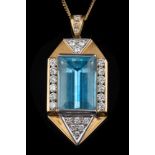 An aquamarine and diamond pendant: with central step-cut aquamarine approximately 17.4mm long x 11.