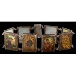 An early 20th century Persian painted panel bracelet: the eight open backed panels depicting