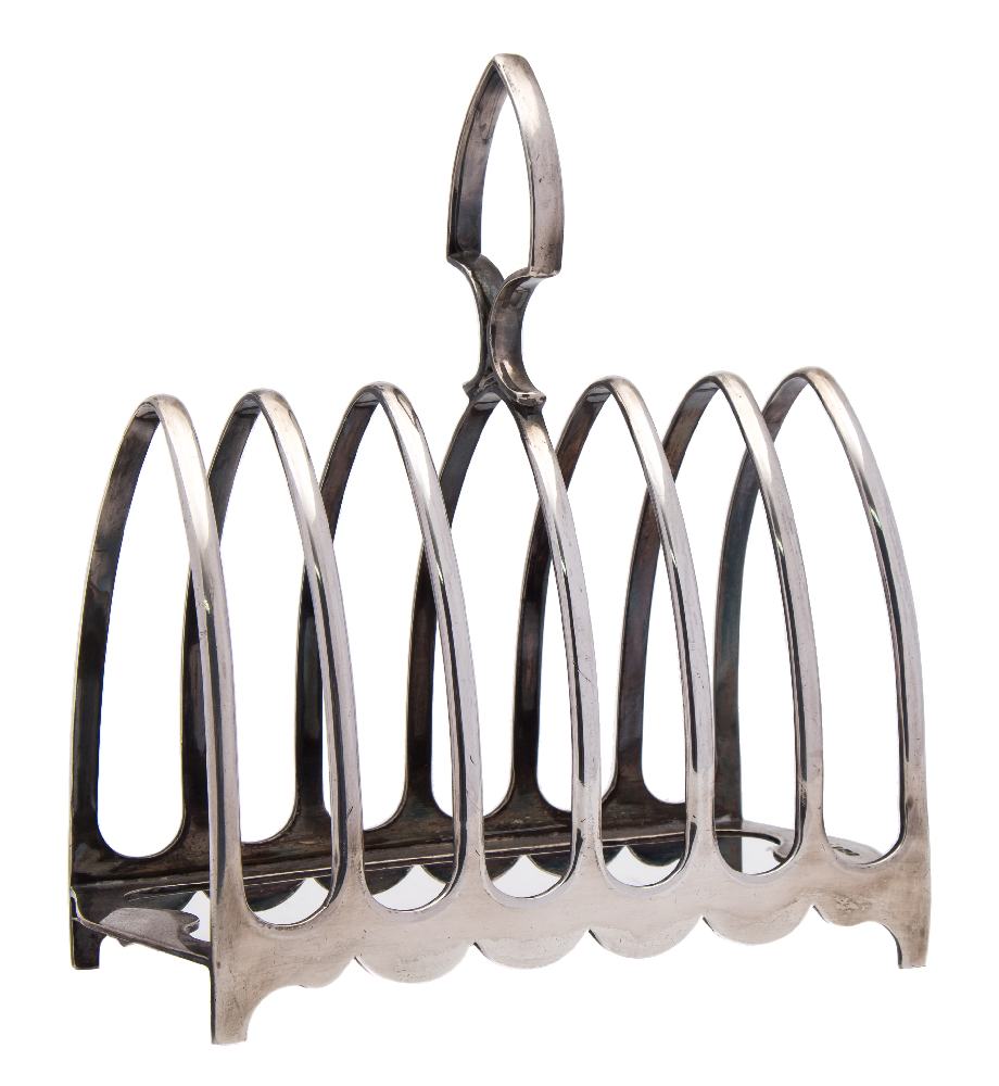 An Edward VII silver six division toast rack, maker Walker and Hall, Sheffield,