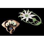 An Art Nouveau enamelled gold and single sapphire mounted brooch and an enamelled gold edelweiss
