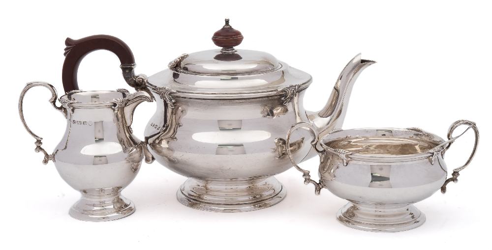 A George V silver three-piece tea service, maker Adie Brothers Ltd, Birmingham,