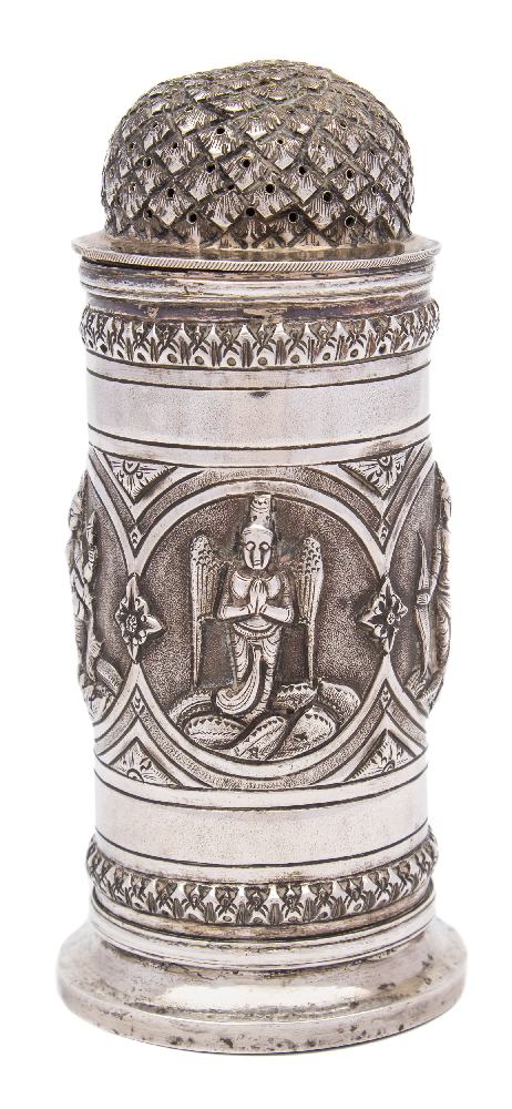 An Indian silver sugar castor: of cylindrical outline, with pierced domed screw-off lid,