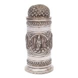 An Indian silver sugar castor: of cylindrical outline, with pierced domed screw-off lid,