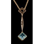 An early 20th century gold and aquamarine lavalier: with single square aquamarine drop 8.5mm x 8.