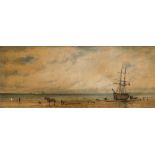 Adolphe Ragon [19/20th Century]- Low tide, a busy beach scene,:- signed, oil on canvas, 40 x 100cm.