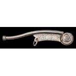 A silver bosun's whistle: with engraved vane and foul anchor decorated barrel, 10cm long.