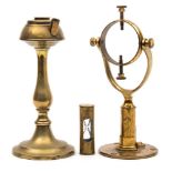 A late 19th century brass whale oil lamp:, on baluster support, 23cm high,