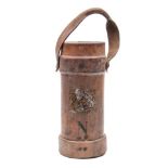 A leather cordite bucket: with armorial transfer decoration and stamped 'N' beneath,