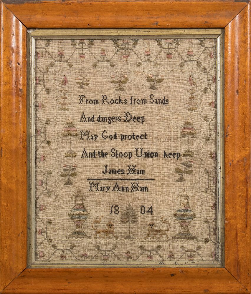 An early 19th century maritime theme needlework sampler, worked by Mary Annham, 1804:,