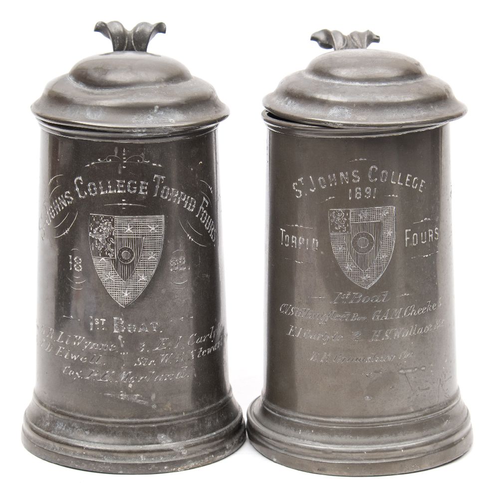 Of Rowing Interest- two Victorian pewter lidded trophy tankards for St John's College:,