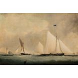 British School 19th Century- Racing yachts rounding a lighthouse,:- oil on canvas, 34 x 52cm.