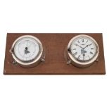 A late Victorian silver plated bulkhead clock by S Benzie, Cowes and matching bulkhead barometer:,