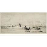 William Lionel Wyllie [1851-1931]- Cobles at Newbiggin, Northumberland,:- etching,