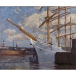 British School 20th Century- Four-master Beatrice moored in a harbour,:- oil on canvas, 50 x 60cm.