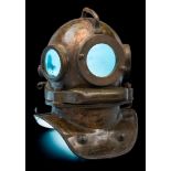 A Russian three bolt helium re-breather diving helmet:, the bonnet with handle to the top,
