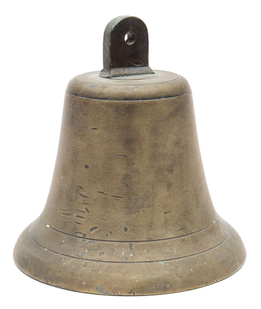 A bronze ship's bell:, unsigned with arched suspension and iron clapper, 21cm high.
