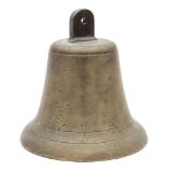 A bronze ship's bell:, unsigned with arched suspension and iron clapper, 21cm high.