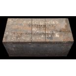 A large wooden seaman's trunk belonging to F E C Davies: with overwritten hand painted addresses,