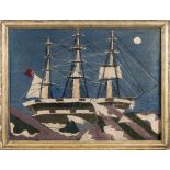 A 19th century woolwork of a ship on a rocky coastline:,