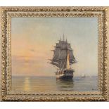 Attributed to Else Pauls [1886-1980]- Sunset, three-master in a calm bay,:- signed, oil on canvas,