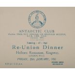 An Antarctic Club invitation to a 'Coming-of-age re-union dinner, Holborn Restaurant, London,