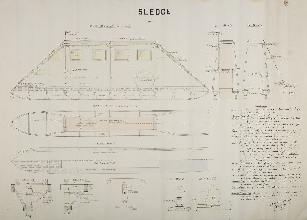 A scale plan for a 'covered polar sledge design' by F E Davies dated '6th April 1920': on cartridge