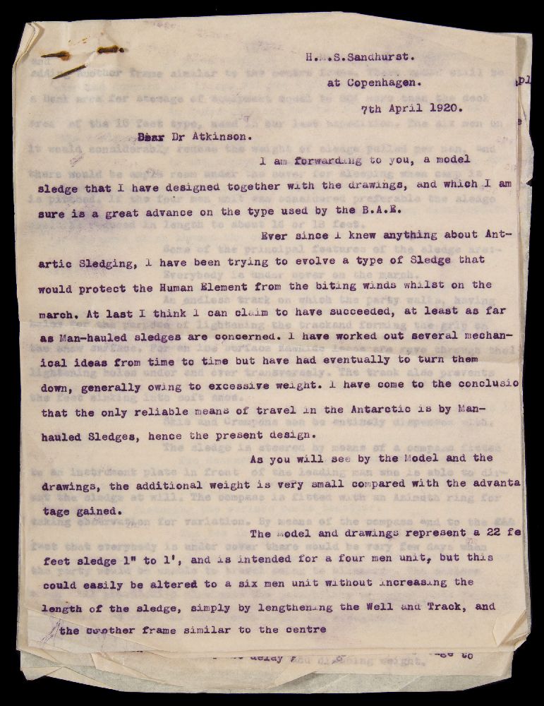 A scale plan for a 'covered polar sledge design' by F E Davies dated '6th April 1920': on cartridge - Image 2 of 3