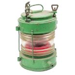 An over painted galvanised ship's top lamp:, in green with red lens,