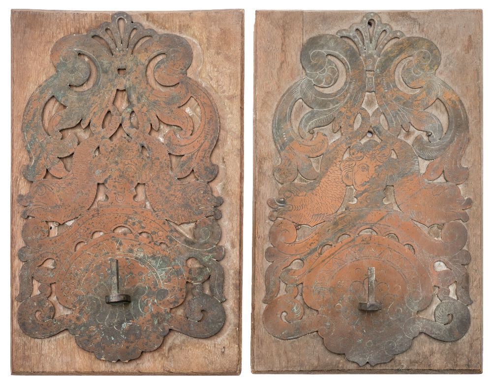 A pair of Continental maritime themed copper wall sconce backplates:,