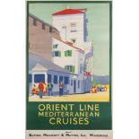 An 'Orient Line Mediterranean Cruises' advertising poster of a village scene.