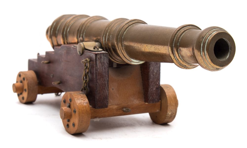 A brass desk model of a cannon: on a Royal Navy style truck, 26cm long. - Image 2 of 2