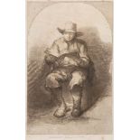 FERDINAND LEFTMAN [fl.1873-1890] after Rembrandt - Man reading a book,:-etching, image 15.5 x 10cm.