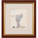 Mary Hall: An amusing study of a busking trombonist with dog at his feet, wash drawing, 17cm x 14.