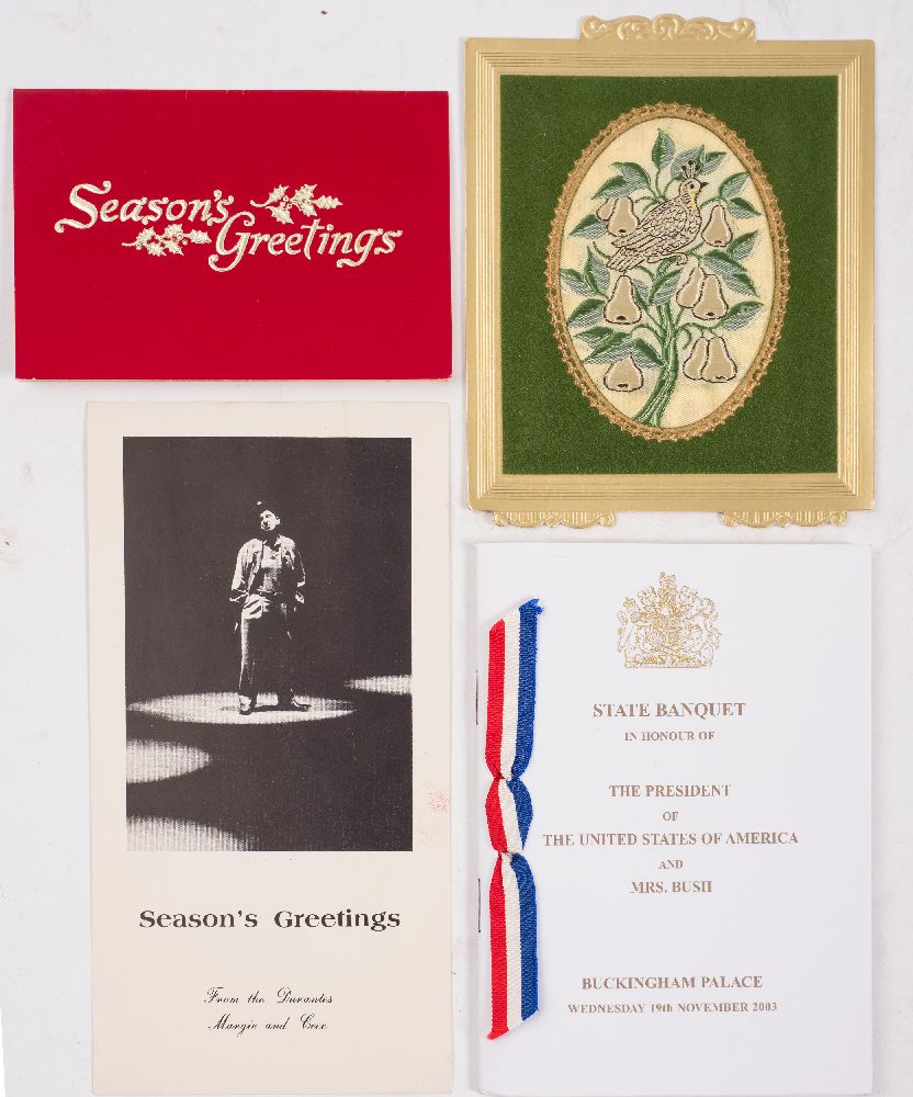 HOLLYWOOD INTEREST : Christmas cards, one signed (auto-pen) Frank Sinatra, and state banquet invite.