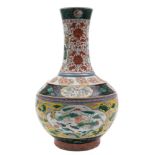 A Chinese famille rose bottle vase: painted with panels and bands of phoenix, cranes,