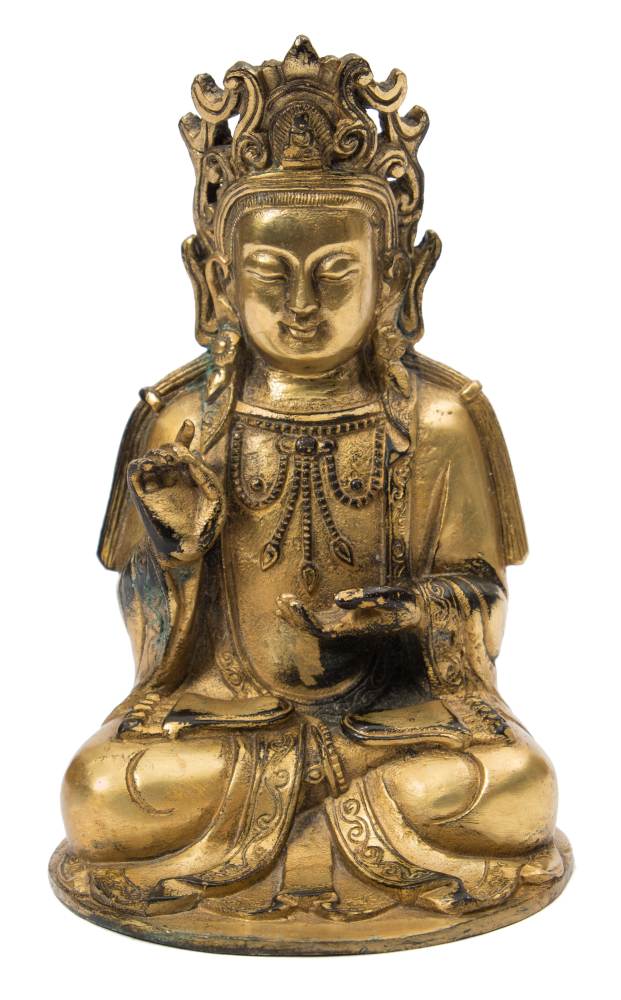 A gilt bronze Bodhisattva: seated cross-legged, his hands formed in vitarka mudra,
