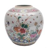 A Chinese famille rose ginger jar: painted with a jardiniere and a vase amongst floral sprays and