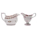 A Newhall famille rose hardpaste cream jug and one similar: the first of pedestal helmet shape,