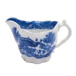 A Caughley blue and white 'low chelsea ewer' cream jug: printed with the chinoiserie 'Pagoda'