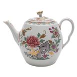 A rare First Period Worcester famille rose teapot and cover: of barrel shape with fluted spout,