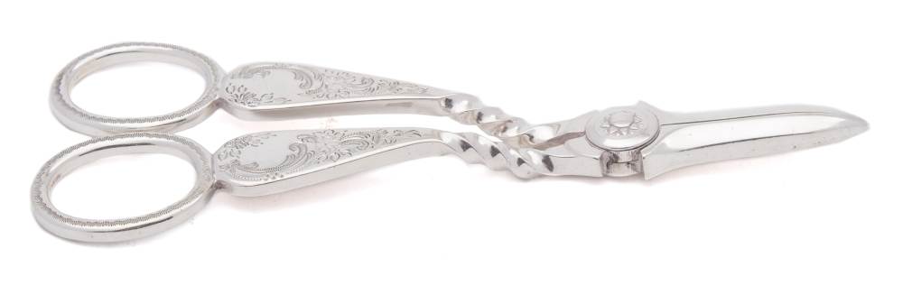 A pair of Victorian silver grape shears, maker Atkin Brothers, Sheffield,