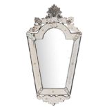 A Venetian etched marginal wall mirror:, of tapered form with foliate cresting,